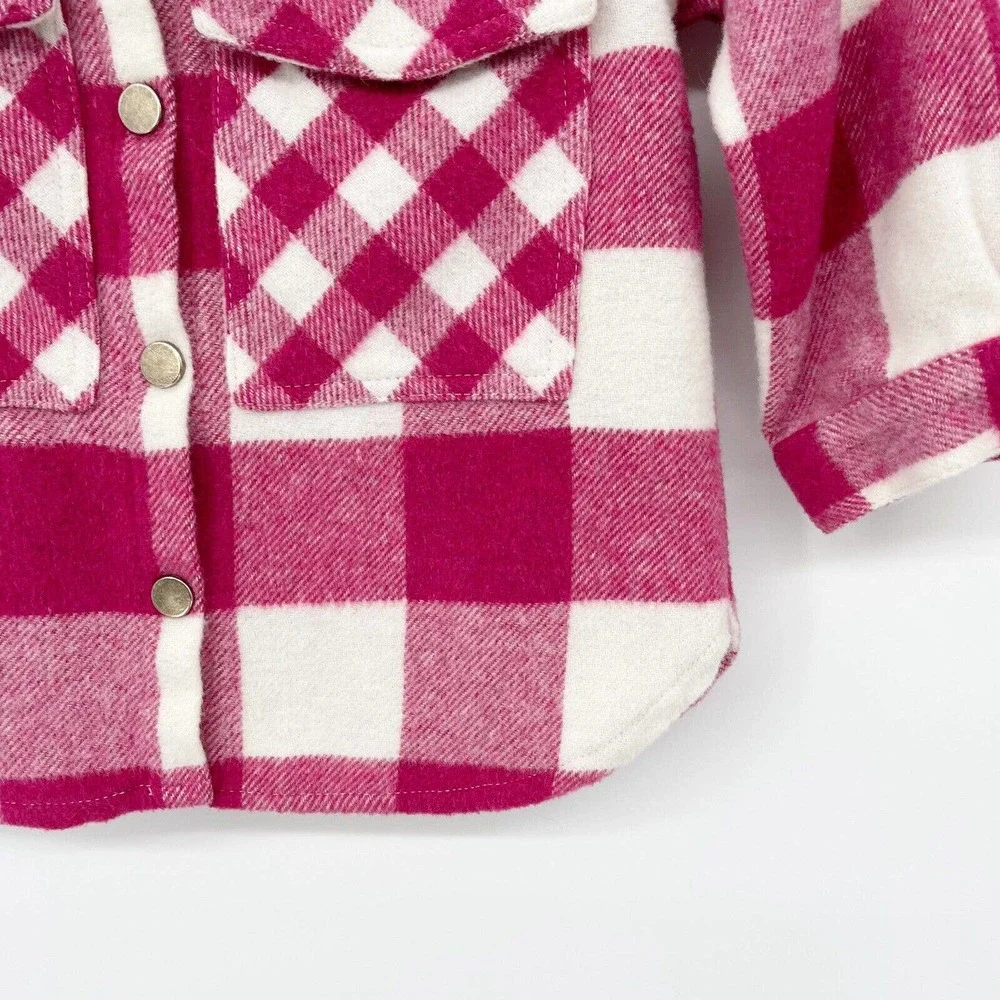 Zara Plaid Overshirt Jacket Girls 4-5 Years‎ Pink White Flannel Button Down Wool